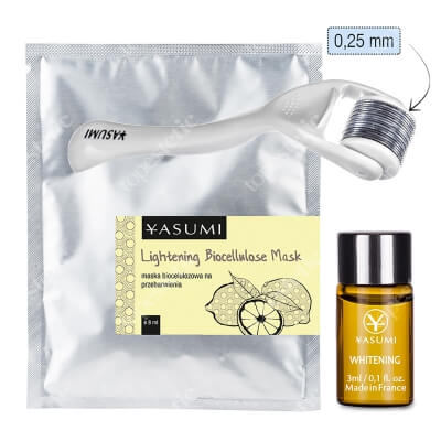 Yasumi Whitening Set + Roller ZESTAW Ampułka na przebarwienia 3 ml + Maska biocelulozowa na przebarwienia 8 ml + Roller do twarzy 0,25 mm