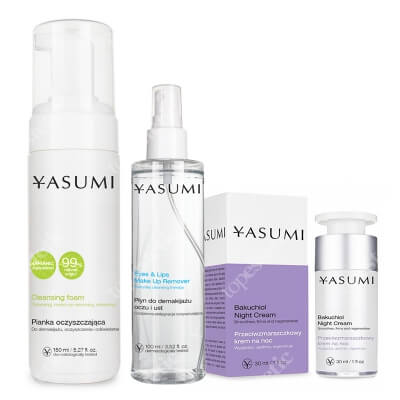 Yasumi Wieczorna Pielęgnacja ZESTAW Płyn do demakijażu oczu i ust 100 ml + Pianka do mycia 150 ml + Krem na noc BAKUCHIOL 30 ml