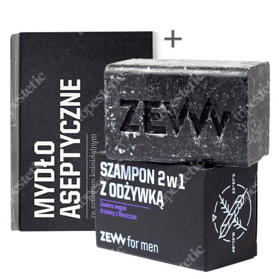 Zew For Men Mydło Aseptyczne + Szampon i Odżywka 2w1 ZESTAW Mydło ze srebrem koloidalnym 85 ml + Zawiera węgiel drzewny z Bieszczad 85 ml