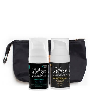 Zielone Laboratorium Elixir + Krem ZESTAW Elixir do twarzy z prebiotykiem 30 ml + Krem regenerująco-nawilżający 30 ml + Kosmetyczka 1 szt