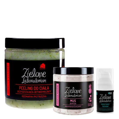 Zielone Laboratorium Peeling do Ciała + Mus do Mycia Ciała + Krem do Twarzy ZESTAW Rozmaryn i pietruszka 350 g + Ananasowa świeżość 150 g + Krem regenerująco-nawilżający 30 ml