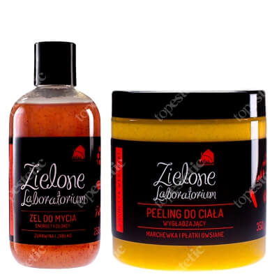 Zielone Laboratorium Wygładzający peeling do ciała + Energetyzujący Żel Do Mycia ZESTAW Marchewka i płatki owsiane 350 g + Żurawina i jabłko 250 ml