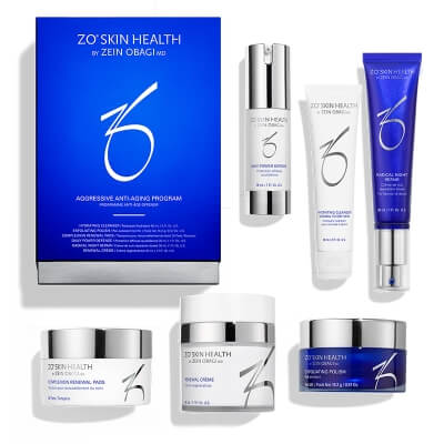 ZO Skin Health Aggressive Anti-Aging Program ZESTAW Preparat oczyszczający 60 ml + Pasta złuszczająca 16,2 g + Płatki oczyszczające 30 szt + Serum 30 ml + Preparat na noc 30 ml + Krem 50 ml