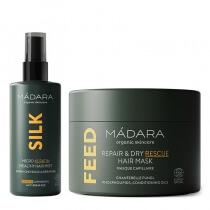 Madara Feed + Silk Micro Keratin Healthy Hair Mist ZESTAW Maska naprawczo - ratunkowa do włosów suchych 180 ml + Mgiełka do włosów z mikrokeratyną 90 ml