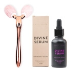 Easy Livin 3D Sculpt Roller + Divine Serum ZESTAW Roller z różowego kwarcu z dwoma głowicami i metalową rączką 1 szt + Olejowe serum do masażu twarzy 30 ml