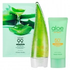 Holika Holika Aloe Waterproof Sun Gel SPF 50 + Aloe Cleansing Foam + Aloe Soothing Gel Mask Sheet ZESTAW Żel przeciwsłoneczny z aloesem i wysokim filtrem 100 ml + Pianka oczyszczająca z aloesem 150 ml + Maseczka bawełniana w płachcie 1 szt