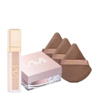 Lami Cosmetics Concealer Porcelain + Eye Powder + Puff x 3 ZESTAW Kremowy korektor pod oczy (kolor Porcelain) 10 ml + Lekki puder pod oczy 7,5 g + Trójkątny welurowy puszek do pudru 1 szt x 3