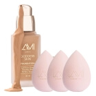 Lami Cosmetics Goddess Skin Radiant Skin Foundation + Makeup Blender Sponge x 3 ZESTAW Podkład rozświetlający z efektem glow (kolor Tan) 30 ml + Gąbka do makijażu 1 szt x 3