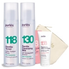 Purles Cleansing Milk + Gentle Toner + Raspberry Jelly Exfoliator + Kosmetyczka ZESTAW Mleczko 200 ml + Tonik 200 ml + Maska 50 ml + Kosmetyczka beżowa 1 szt