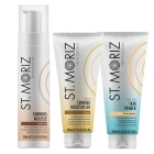 St Moriz Golden Glow Tanning ZESTAW Peeling 200 ml + Mus samoopalający (Medium) 200 ml + Balsam stopniowo budujący opaleniznę 200 ml